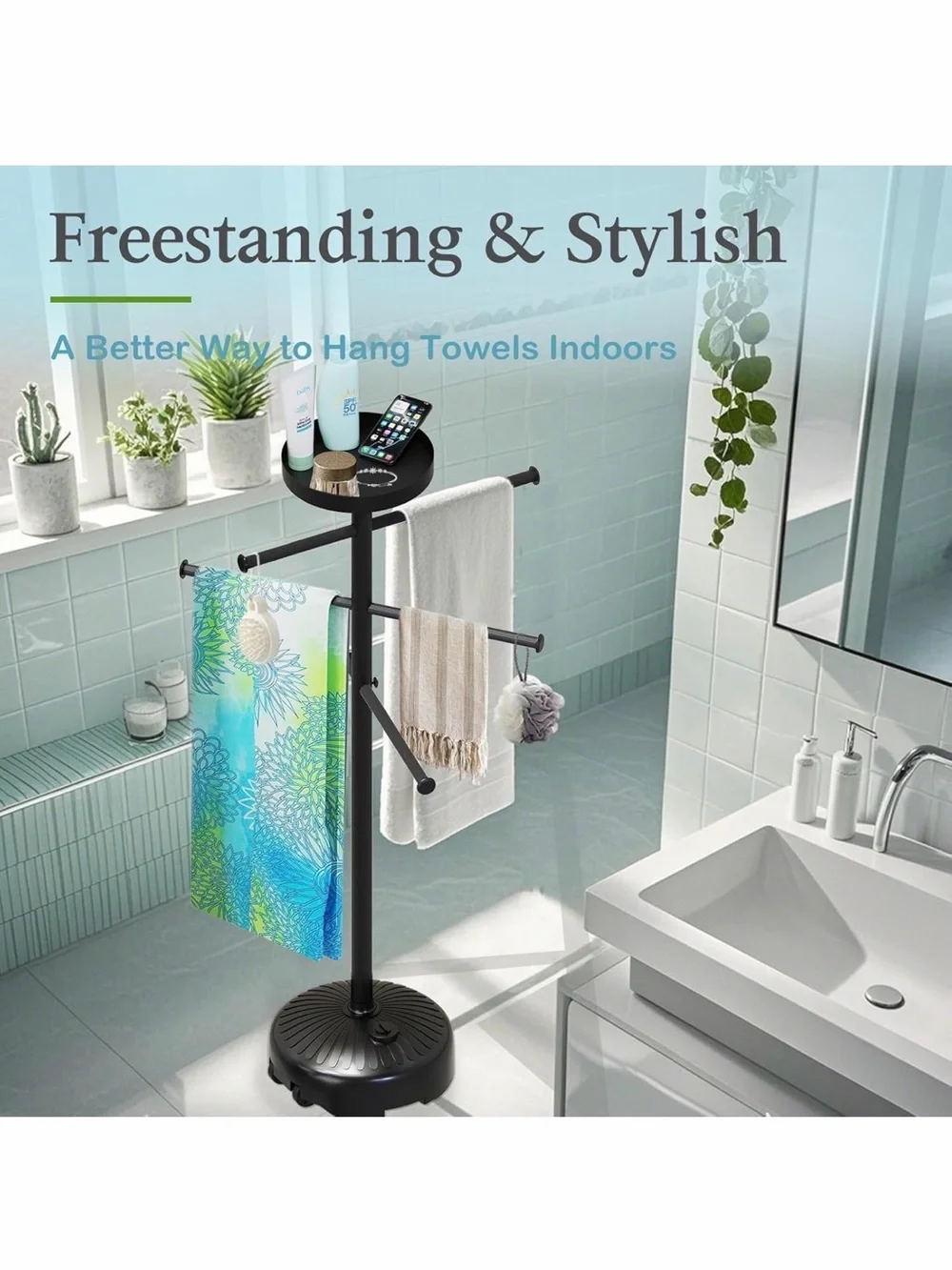 Freestanding 63” Black Multi-Arm Towel Rack  w Built-in Tray & Wheels